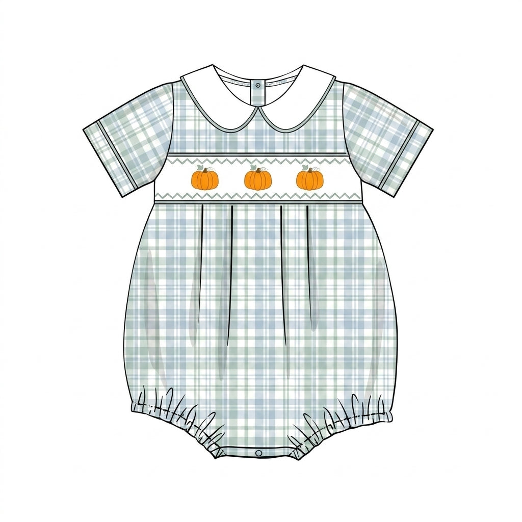 Blue gingham bubble with smocked pumpkins and collar