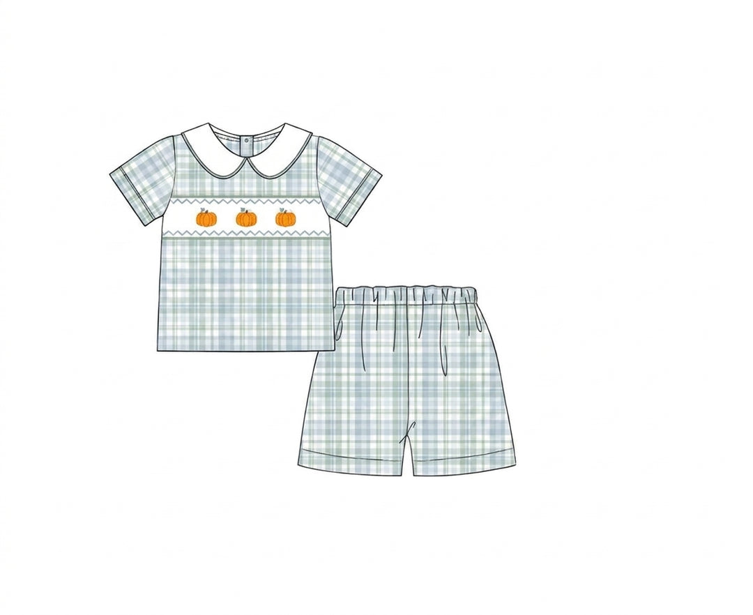Blue gingham boys short set with smocked pumpkins