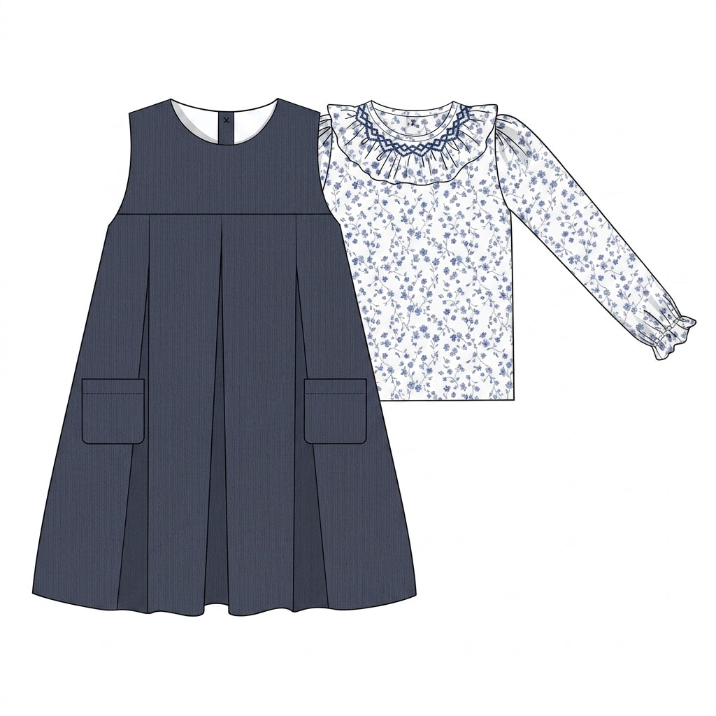 Navy pleated jumper dress with floral smocked blouse