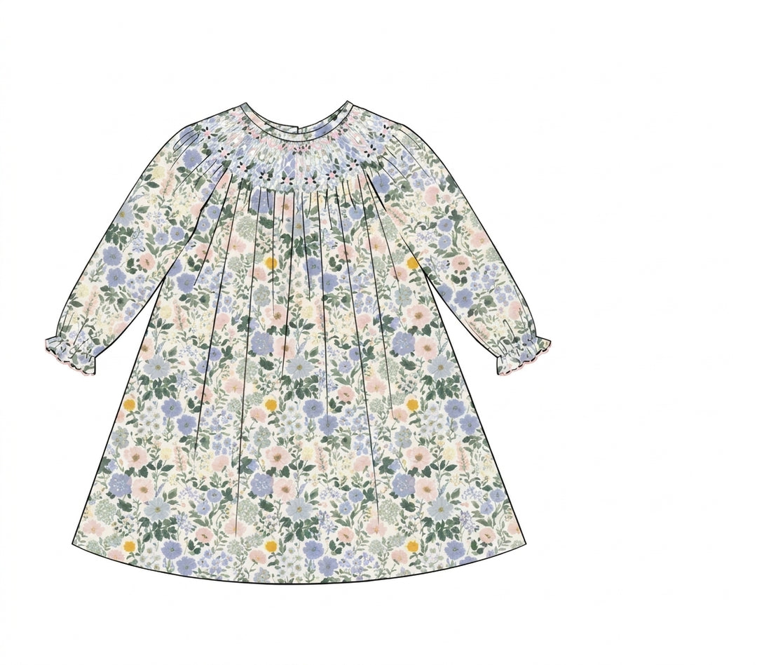 cream floral long sleeve dress with smocked neckline