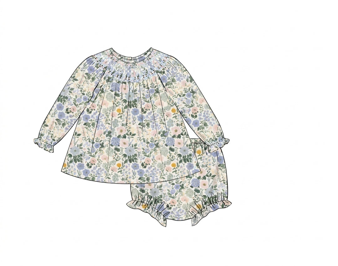 Ivory floral smocked top with matching ruffled bloomers
