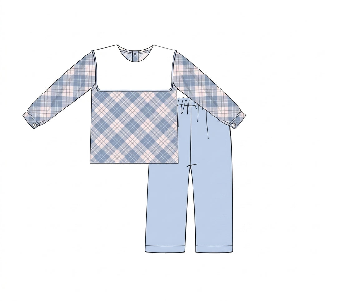 Blue plaid boys shirt with matching light blue pants