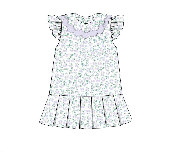 Girls white floral dress with ruffle sleeves and scalloped yoke