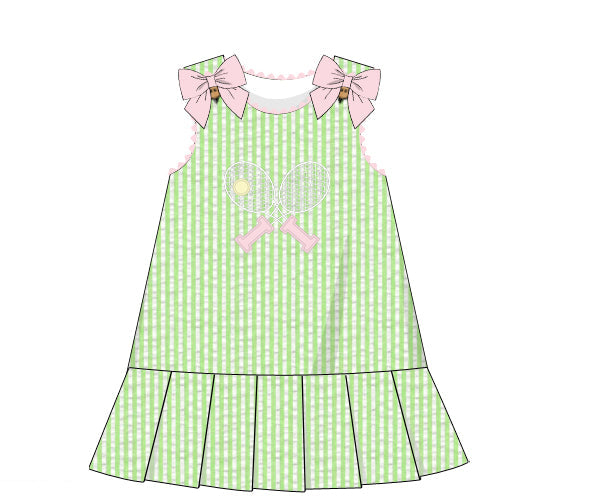 Girls green dress with pink bows and tennis racket motif