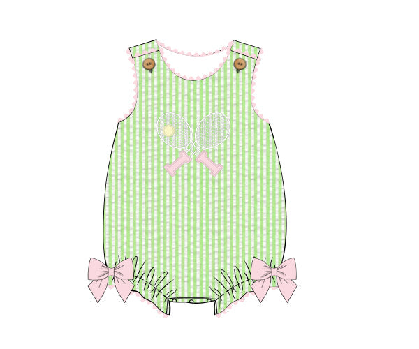 Girls green bubble with tennis rackets and pink bows