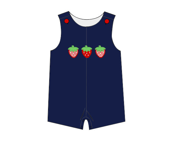 Boys navy shortall with three strawberry motifs