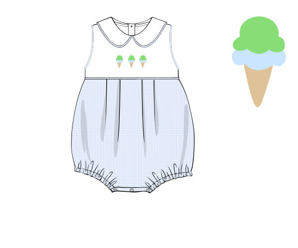 Girls blue bubble with Peter Pan collar and ice cream embroidery