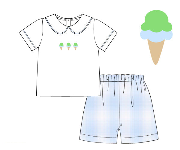 Boys white short set with Peter Pan collar and blue gingham shorts