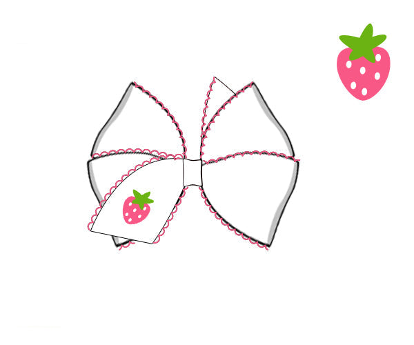 White girls hair bow with strawberry motif and pink scalloped trim