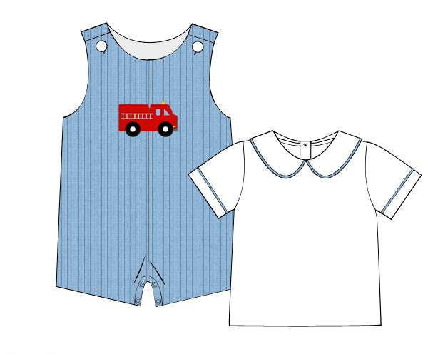 Blue boys bubble with fire truck motif and white collar shirt