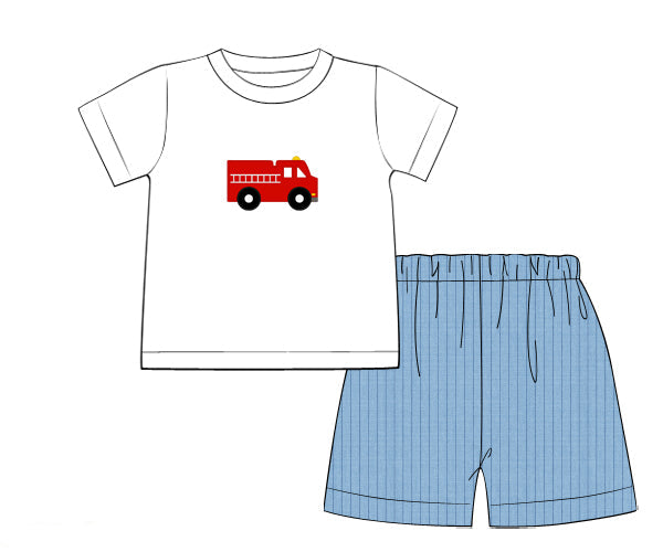 Boys white short set with fire truck shirt and blue shorts
