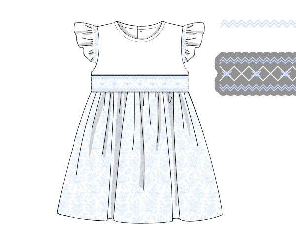 Girls blue floral flutter sleeve dress with gathered skirt