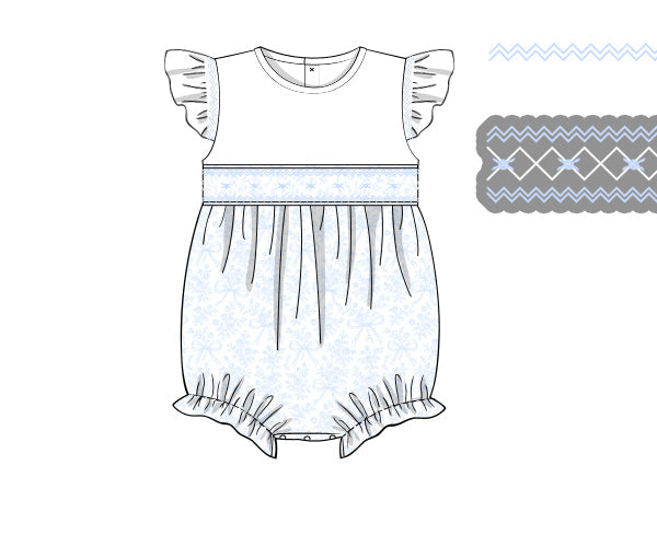 White floral baby girl bubble with flutter sleeves