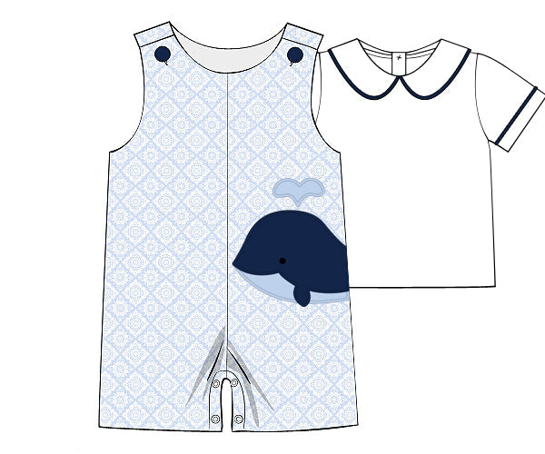 Blue boys shortall set with whale appliqué and white Peter Pan shirt