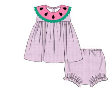 Pink baby girl diaper set with watermelon collar and bloomers