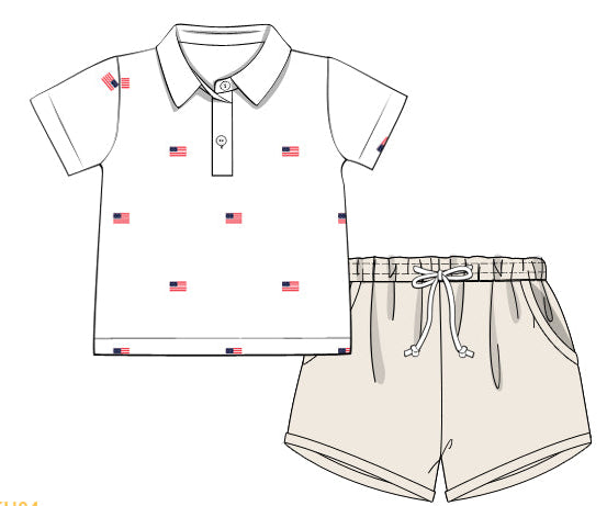 Boys white flag polo short set with light khaki shorts