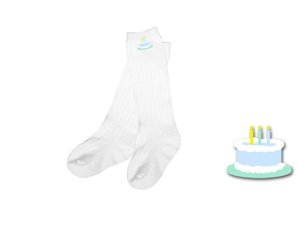 Girls white knee socks with birthday cake embroidery