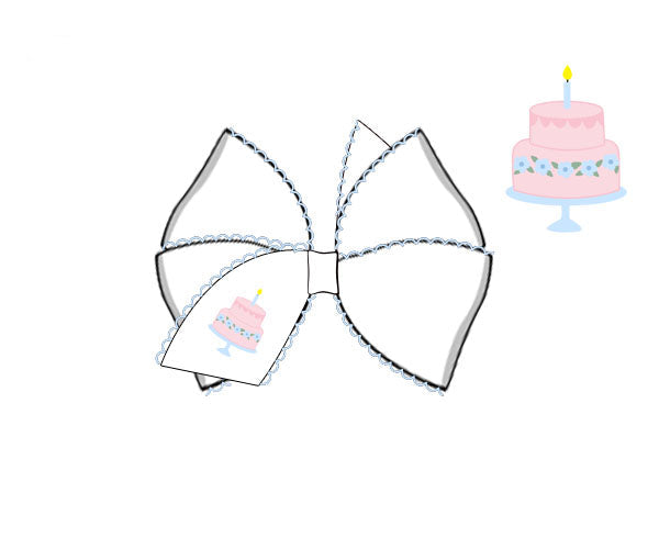Girls white hair bow with pink birthday cake embroidery
