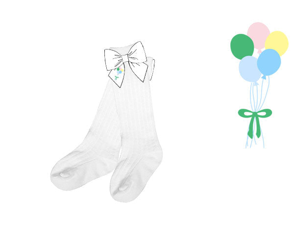 Girls white knee socks with bow and balloon embroidery