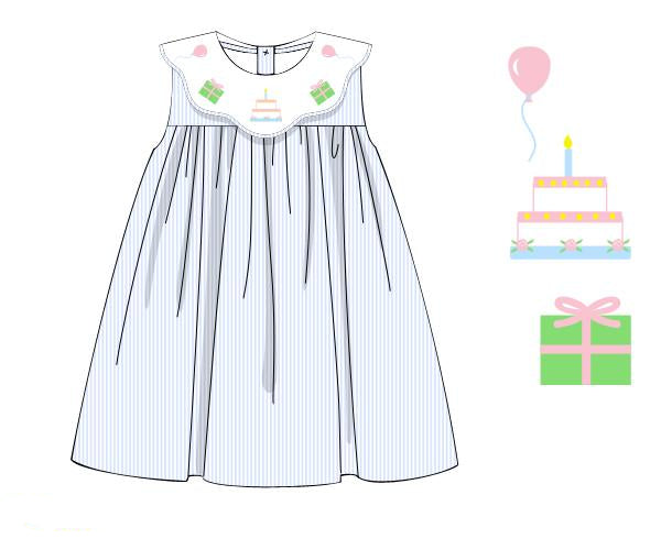 Girls blue embroidered birthday dress with ruffle yoke