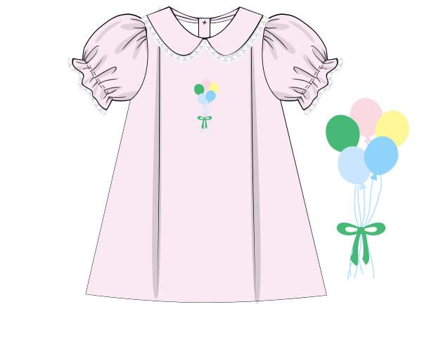 Girls pink dress with balloon embroidery and puff sleeves