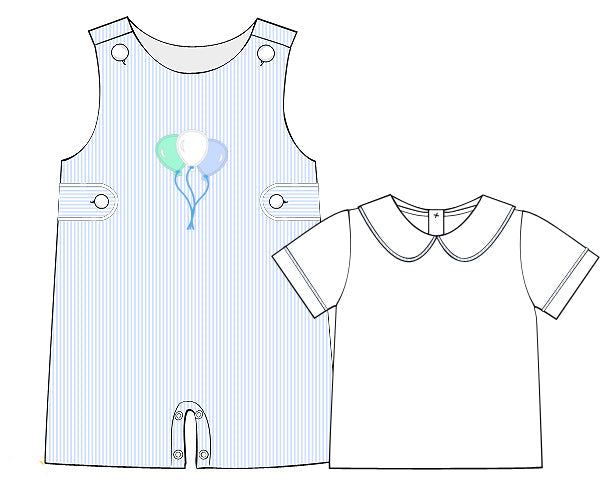 Boys blue seersucker shortall with balloon embroidery