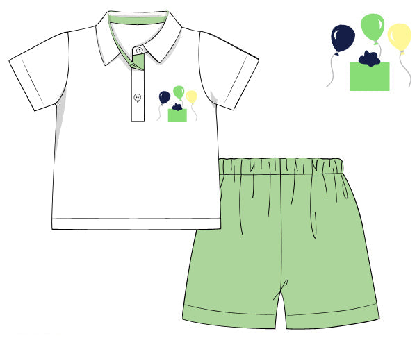 boys green short set with balloon gift embroidery