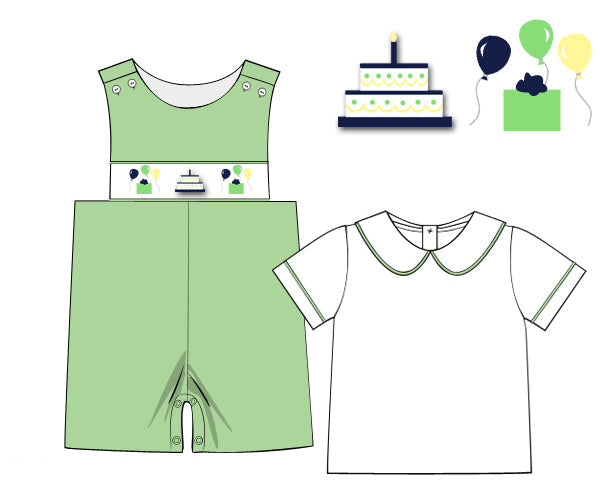 Boys green birthday button-on short set with Peter Pan collar