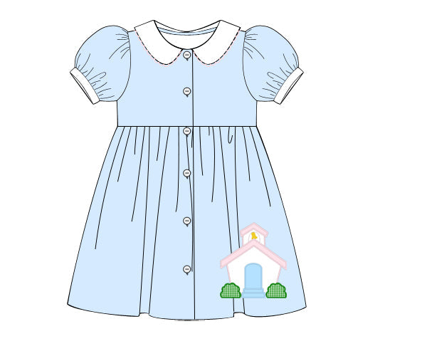 Blue girls dress with chapel embroidery and puff sleeves
