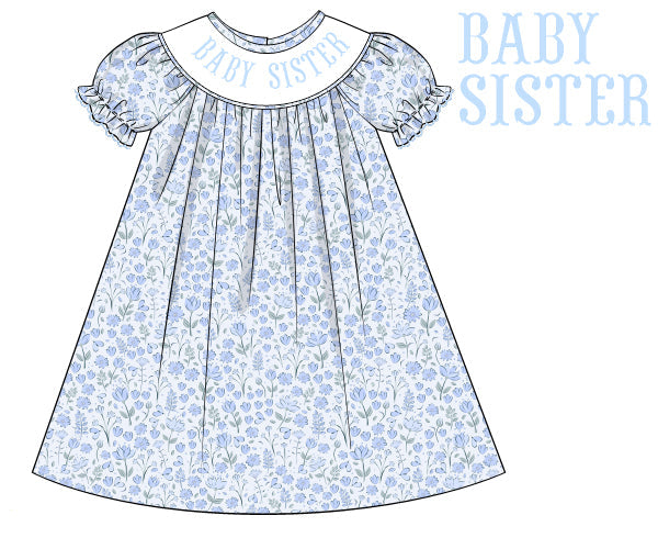 Blue floral baby girls dress with embroidered collar