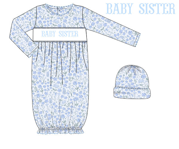 Blue floral baby girls gown with matching bonnet