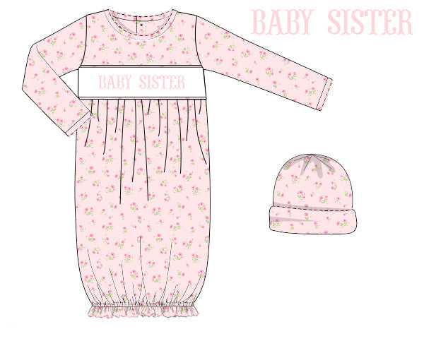 baby girls pink floral knit gown with matching hat