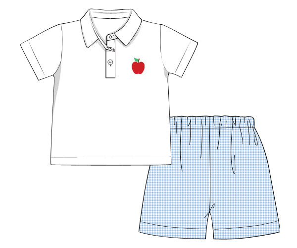 boys white apple short set with blue gingham shorts