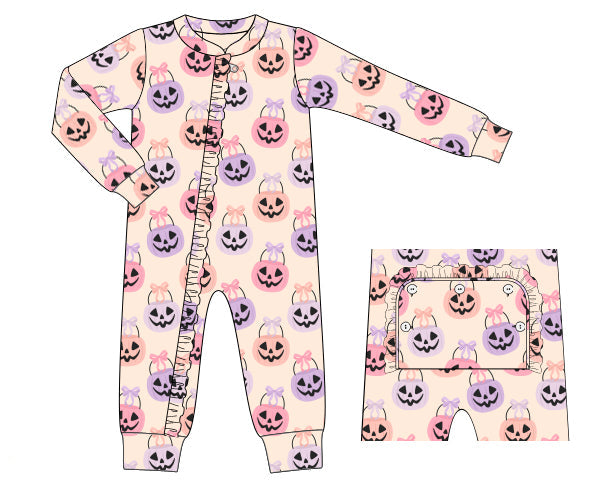 Pink pumpkin print pajama with ruffle zipper trim