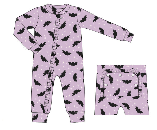 Lavender bat print pajamas with ruffle front trim