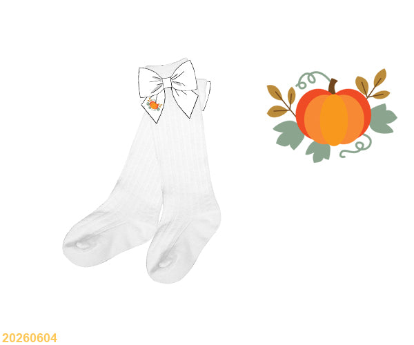 White knee socks with bow and pumpkin embroidery