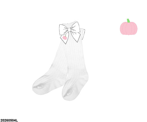 White ribbed knee socks with bow and pink pumpkin charm