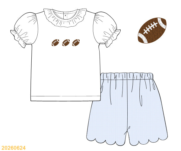 White football ruffle top with blue gingham shorts