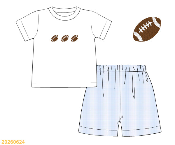 White football tee with light blue check shorts