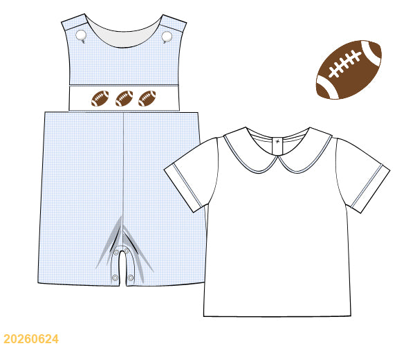 Blue gingham football shortall with white collared shirt
