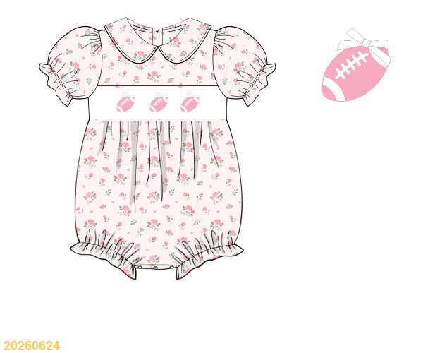 White floral bubble with pink football appliqués and puff sleeves
