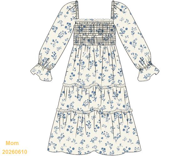 Cream blue floral smocked tiered dress with long sleeves