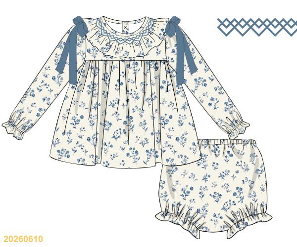 Cream floral dress with bloomers and blue shoulder bows