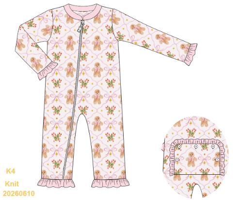 White gingerbread print footie with pink ruffle cuffs