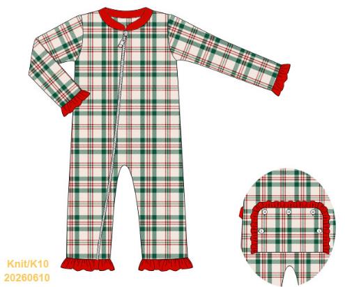 White tartan zip footie with red ruffle trim