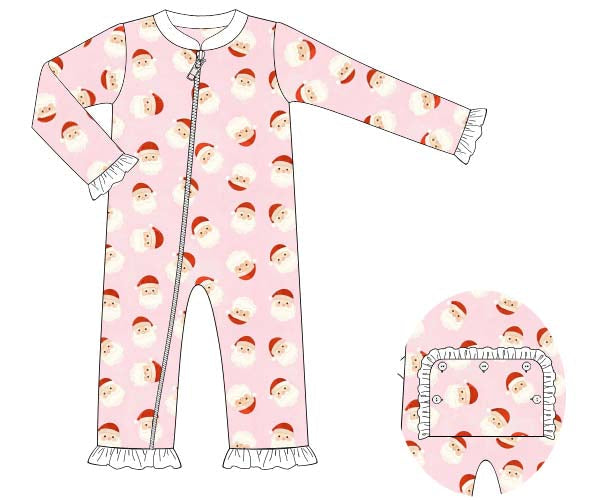 Pink Santa print zip footie with ruffle cuffs and ankles