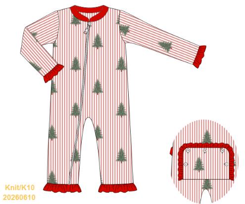 White zip pajamas with pine trees and red ruffle trim