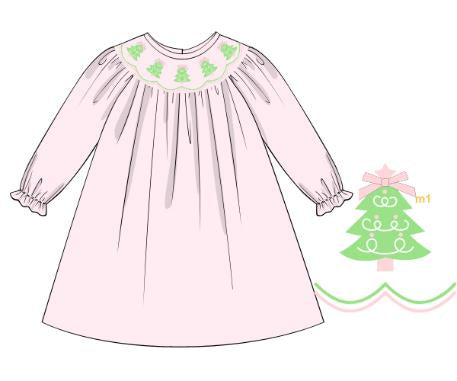 Pink smocked dress with embroidered green Christmas trees