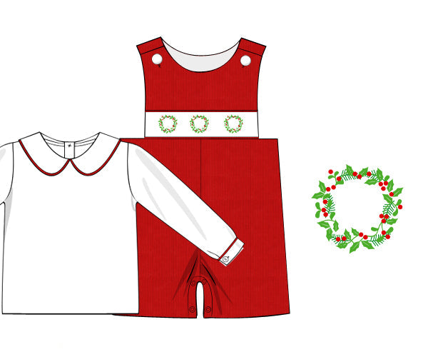 Red button-on short set with white Peter Pan collar and wreath smocking