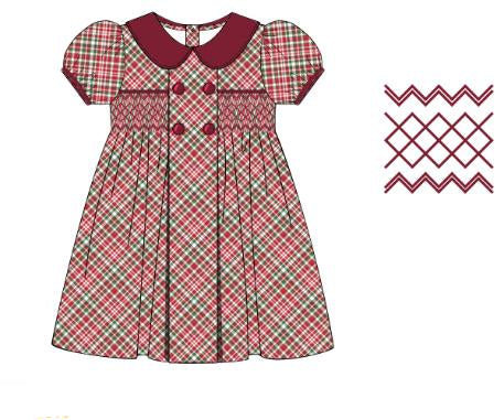 Red tartan smocked dress with burgundy Peter Pan collar